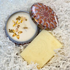 Lemon Candle & Shea Soap Gift Box, Lemon Soy Wax Candle and Shea Butter Hand Soap, Unique Gift Ideas, One of a Kind Gifts image 1