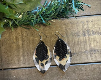 B&W Buffalo Plaid, Leopard, Black Leaf Christmas Earrings