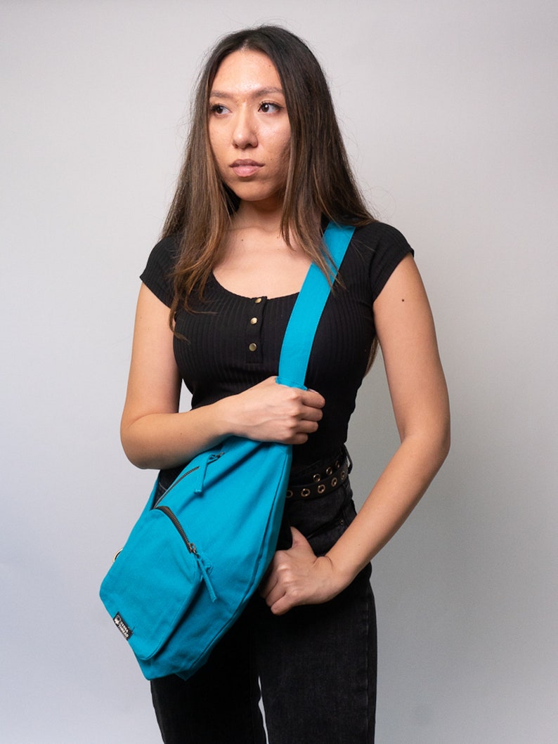 Vegan Sling Bag Sling Crossbody Bag Shoulder Bag Organic Cotton shoulder bag Unisex crossbody bag Hiking Crossbody Bag Blue