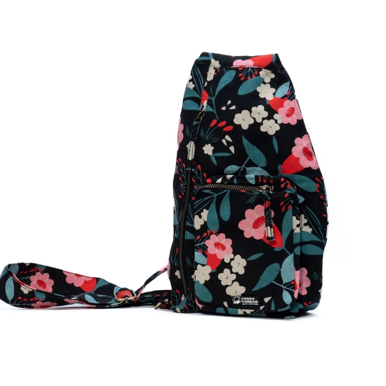 Vegan Sling Bag Sling Crossbody Bag Shoulder Bag Organic Cotton shoulder bag Unisex crossbody bag Hiking Crossbody Bag Dark Flower