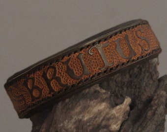 Dog collar with punctured name small dogs/Tooled Dog Collar with name/leather collar/handmade/personalised/feathers
