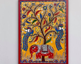 A fusion of Madhubani and kalamkari painting / indian art / bright colors / elephant , peacoak acrylic paining / life tree