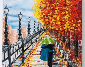 A walk to remember in the colours of Autumn ,   Contemporary acrylic painting , Pallete knife  ,  handmade , Original Art , Nitu Arts