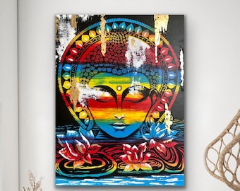 オリジナルの手作り仏像現代アクリル画、現代アート、瞑想アート、壁