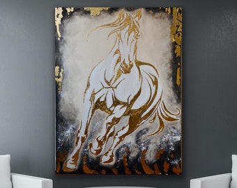 Running white Horse contemporary abstract acrylic painting / Wall decor /Modern Art / Power / Speed / Handmade Horse painting / Nitu Arts