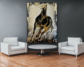 Original Black Horse acrylic painting/Wall Decor / Black Running horse artwork /Extra large abstract art /black golden artwork /Animal art