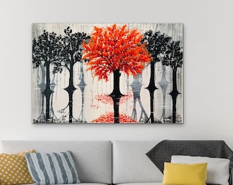 Red fall tree acrylic painting  , Palette knife , Wall decor , Tree reflection , Fall season