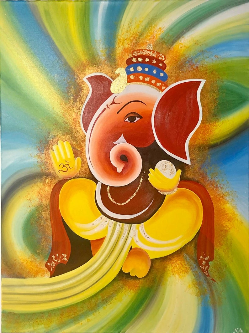 Lord Ganesha Acrylic painting , Canvas wall Decor , original painting, Indian painting on canvas ,Ganpati art , Figurative Art image 3