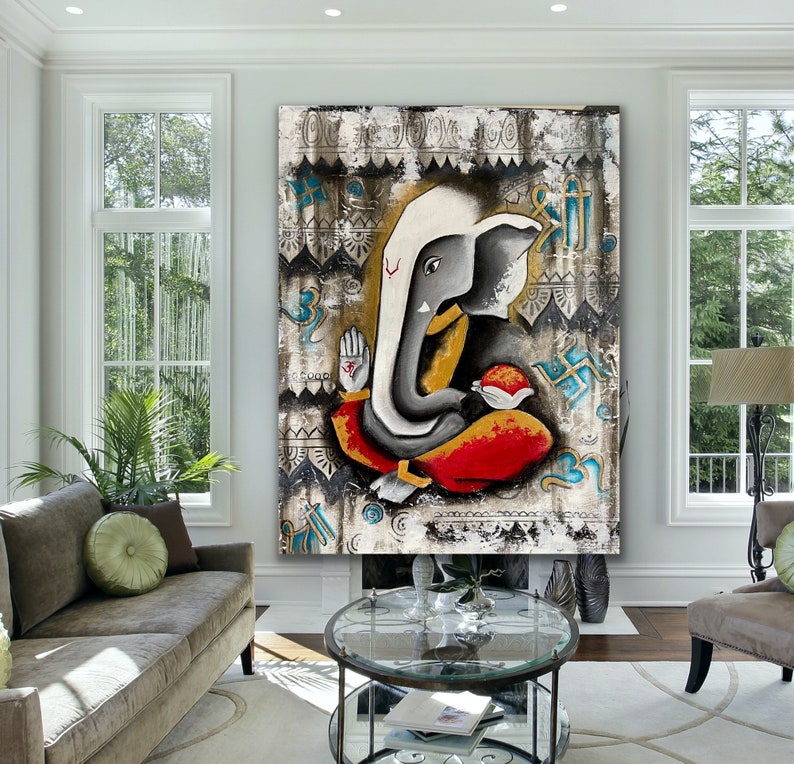 Modern abstract Ganpati acrylic painting / Wall Decor / Ganesha painting / Entryway decor / Modern Art / black and white Ganpati Painting image 7