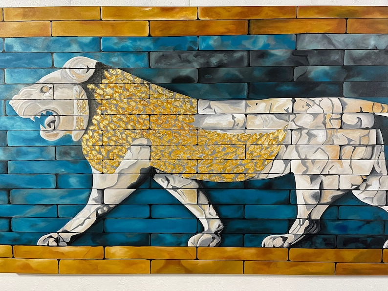 Original handmade A lion symbol of goddess Ishtar / acrylic painting / Home decor / Modern Art / Golden leaf image 4