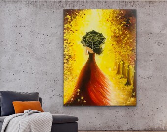 Chasing Dreams , beautiful fall colors acrylic painting ,  Contemporary art , A lady with Umberlla during fall season , original painting