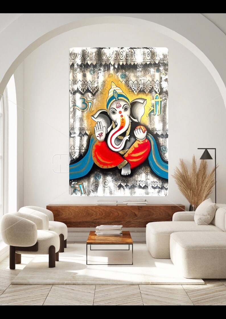 Modern abstract Ganpati acrylic painting / Wall Decor / Ganesha painting / Entryway decor / Modern Art / black and white Ganpati Painting image 1