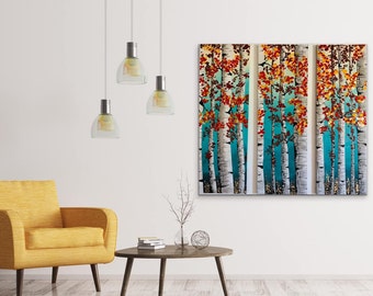 Three panel birch tree landscape painting, Pallete knife art ,Nature wall art , Birch tree painting