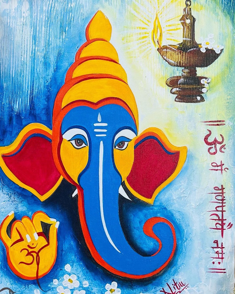 Lord Ganesha handmade contemporary abstract painting / Ganpati Artwork / Wall decor / Entryway decor / Indian God / Nitu Arts / original art imagem 3