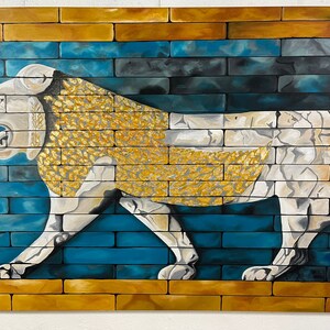 Original handmade A lion symbol of goddess Ishtar / acrylic painting / Home decor / Modern Art / Golden leaf image 2