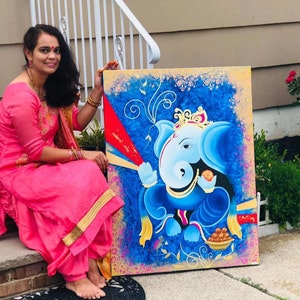 Akrylmålning av Lord Ganesha, väggdekoration på duk, originalmålning, indisk målning på duk, Ganpati-konst, figurativ konst bild 9