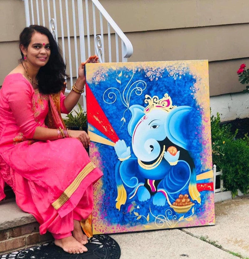 Akrylmålning av Lord Ganesha, väggdekoration på duk, originalmålning, indisk målning på duk, Ganpati-konst, figurativ konst bild 9