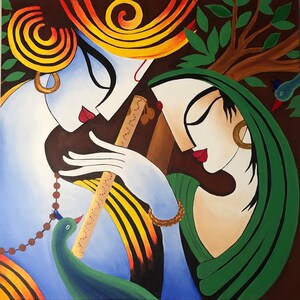 Contemporary Indian Radha Krishna painting , Indian decor , Hindu God Art , Contemporary art , Indian Painting , krishna painting image 2