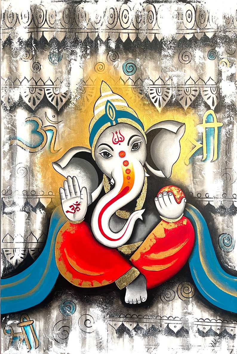 Modern abstract Ganpati acrylic painting / Wall Decor / Ganesha painting / Entryway decor / Modern Art / black and white Ganpati Painting image 2