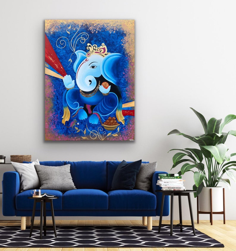 Akrylmålning av Lord Ganesha, väggdekoration på duk, originalmålning, indisk målning på duk, Ganpati-konst, figurativ konst bild 1