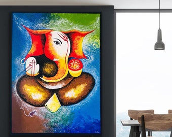 Modern contemporary handmade Ganpati Painting , Bright colors , Wall decor , Indian God  , Asian Art , Ganesha Acrylic painting .