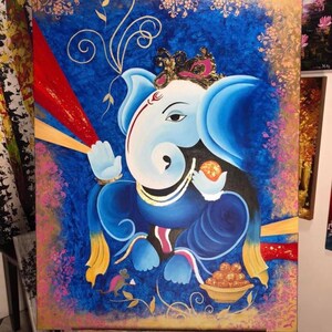 Akrylmålning av Lord Ganesha, väggdekoration på duk, originalmålning, indisk målning på duk, Ganpati-konst, figurativ konst bild 3