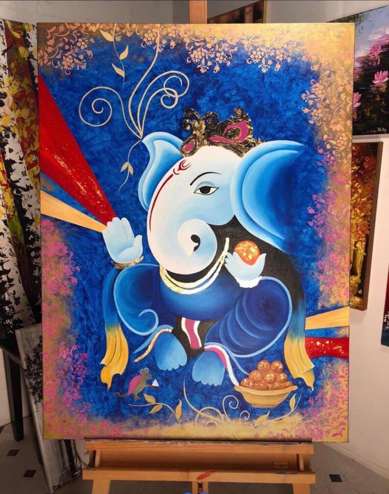 Akrylmålning av Lord Ganesha, väggdekoration på duk, originalmålning, indisk målning på duk, Ganpati-konst, figurativ konst bild 3