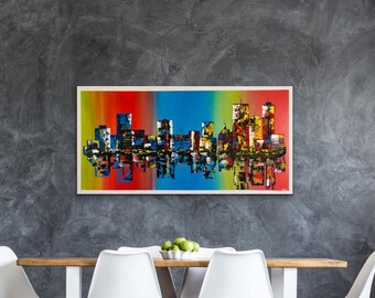 Abstract acrylic landscape , Bright colors , City , Wall decor , Acrylic Pallete knife painting