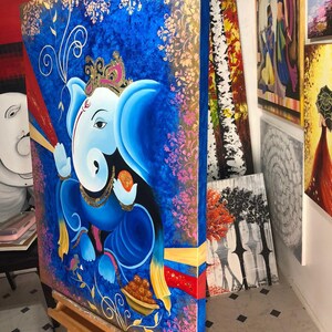 Akrylmålning av Lord Ganesha, väggdekoration på duk, originalmålning, indisk målning på duk, Ganpati-konst, figurativ konst bild 8