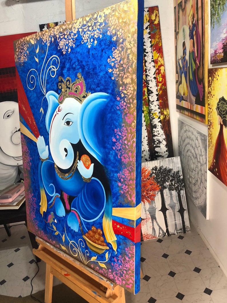 Akrylmålning av Lord Ganesha, väggdekoration på duk, originalmålning, indisk målning på duk, Ganpati-konst, figurativ konst bild 8