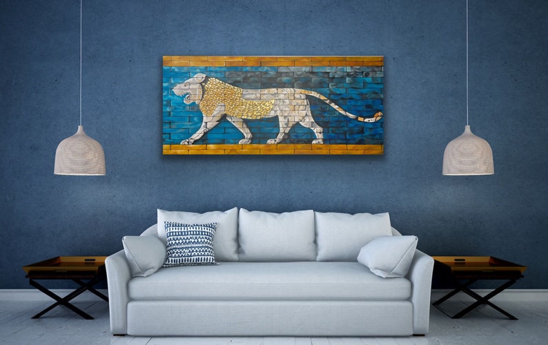 Original handmade A lion symbol of goddess Ishtar / acrylic painting / Home decor / Modern Art / Golden leaf image 9