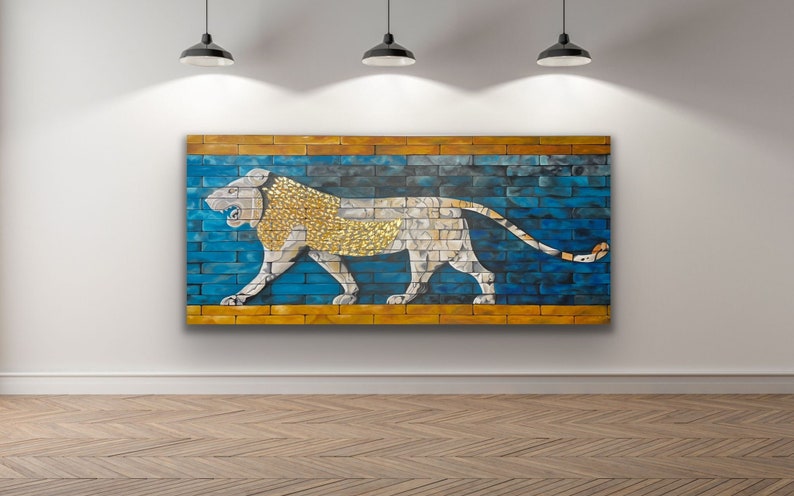 Original handmade A lion symbol of goddess Ishtar / acrylic painting / Home decor / Modern Art / Golden leaf image 1