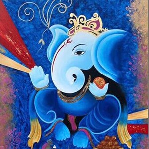 Akrylmålning av Lord Ganesha, väggdekoration på duk, originalmålning, indisk målning på duk, Ganpati-konst, figurativ konst bild 6