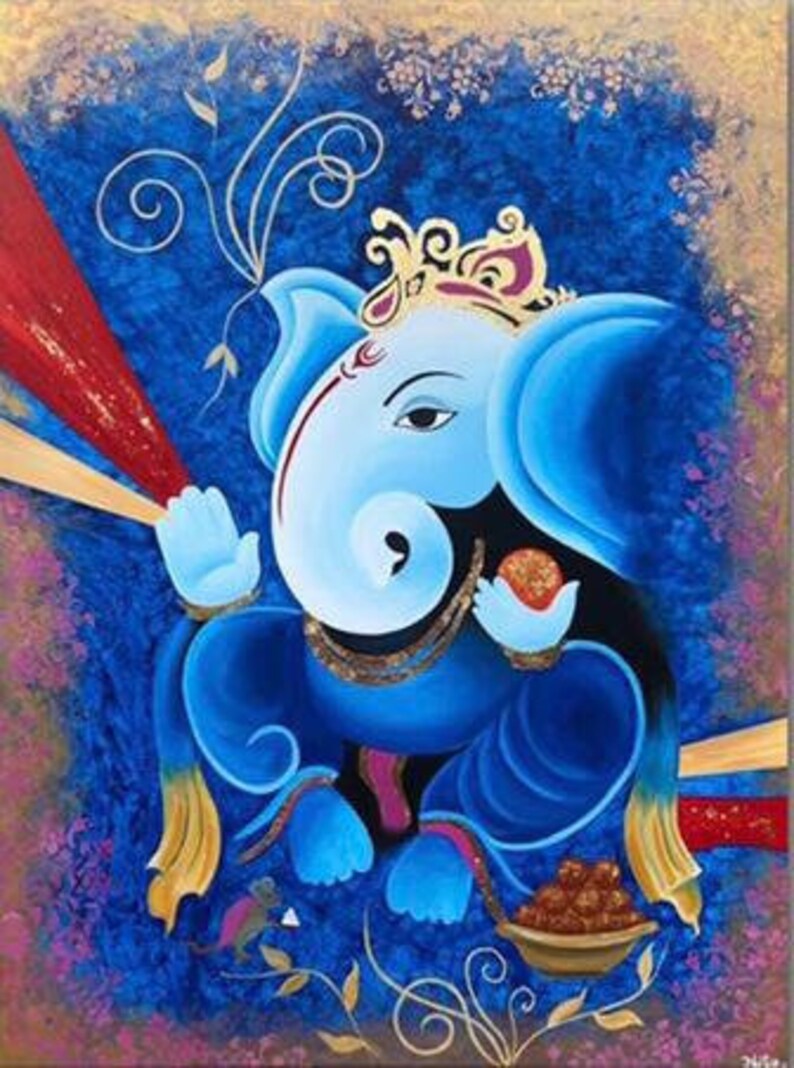 Akrylmålning av Lord Ganesha, väggdekoration på duk, originalmålning, indisk målning på duk, Ganpati-konst, figurativ konst bild 6