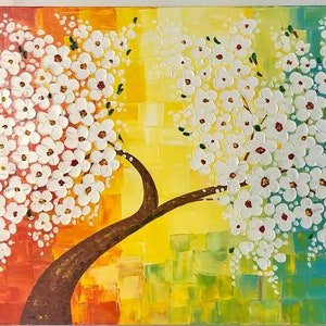 Contemporary cherry blossom Tree branch , Pallete knife painting , Acrylic medium , Wall decor image 1