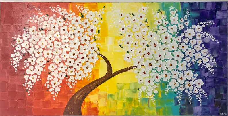 Contemporary cherry blossom Tree branch , Pallete knife painting , Acrylic medium , Wall decor image 1