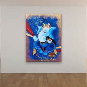 Akrylmålning av Lord Ganesha, väggdekoration på duk, originalmålning, indisk målning på duk, Ganpati-konst, figurativ konst bild 2