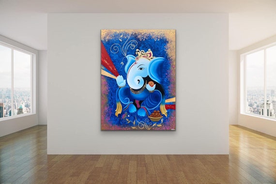 ガネーシャ神アクリル画、キャンバス壁装飾、オリジナル絵画 