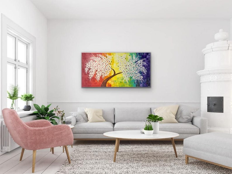 Contemporary cherry blossom Tree branch , Pallete knife painting , Acrylic medium , Wall decor image 2