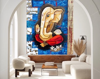 Modern abstract Ganpati acrylic painting / Wall Decor / Ganesha painting / Entryway decor / Modern Art / Red blue  Ganpati Painting