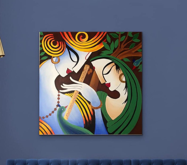 Contemporary Indian Radha Krishna painting , Indian decor , Hindu God Art , Contemporary art , Indian Painting , krishna painting image 1