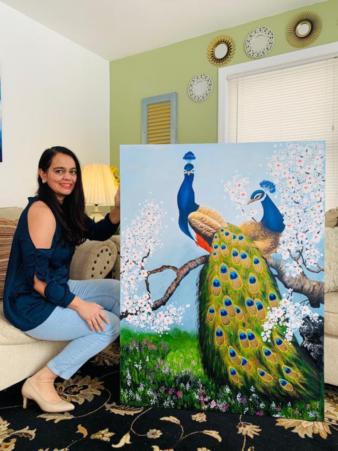 手作りの現代孔雀のアクリル画 / オリジナル絵画 / 具象芸術 / 森の