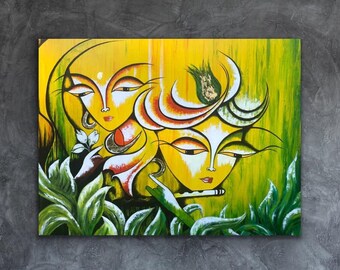 Modern Indian art , Acrylic Radha krishna painting , Indian decor , Hindu God Art , Contemporary art , Indian Painting , krishna painting