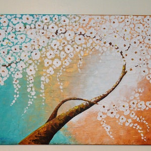 White Blooming Cherry Blossom tree PALETTE KNIFE Hand Made Canvas Painting image 1