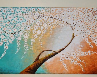 White Blooming Cherry Blossom tree PALETTE KNIFE Hand Made Canvas Painting