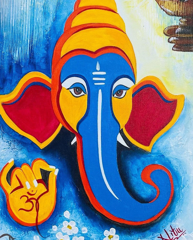 Lord Ganesha handmade contemporary abstract painting / Ganpati Artwork / Wall decor / Entryway decor / Indian God / Nitu Arts / original art imagem 5