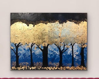 Golden forest acrylic Pallete knife painting , Golden leaf , Wall Decor , forest , Nitu Arts