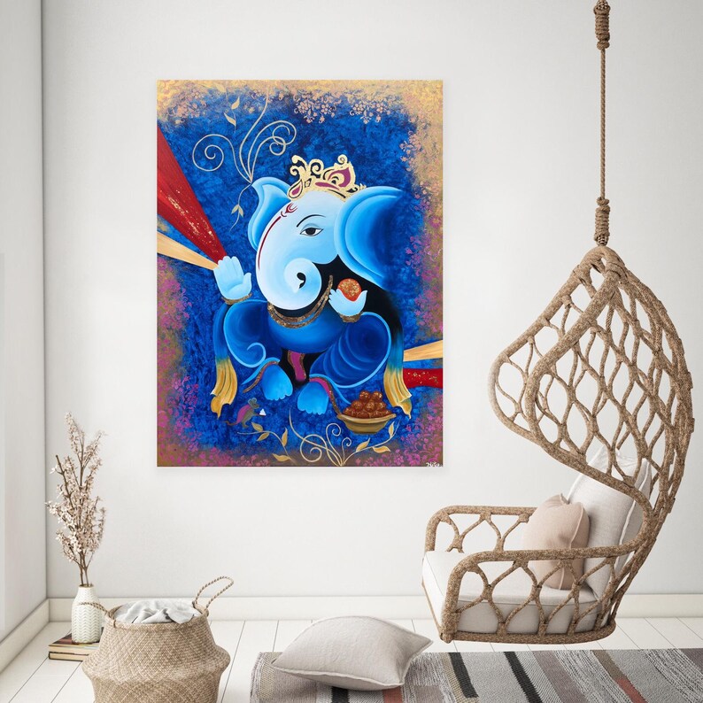 Akrylmålning av Lord Ganesha, väggdekoration på duk, originalmålning, indisk målning på duk, Ganpati-konst, figurativ konst bild 4