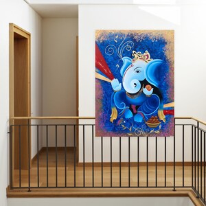 Akrylmålning av Lord Ganesha, väggdekoration på duk, originalmålning, indisk målning på duk, Ganpati-konst, figurativ konst bild 5