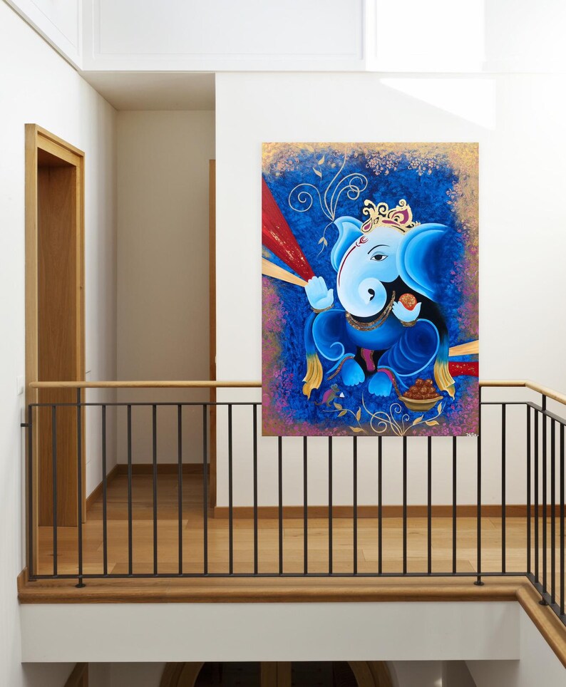 Akrylmålning av Lord Ganesha, väggdekoration på duk, originalmålning, indisk målning på duk, Ganpati-konst, figurativ konst bild 5